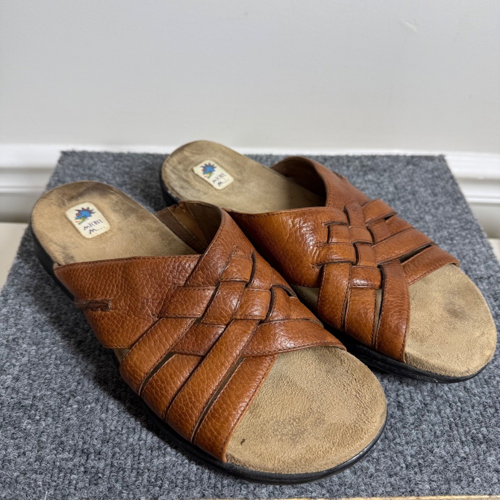 Michel M Cariboo Leather Woven Slide Sandals Women 9 Brown Comfort Mule Casual